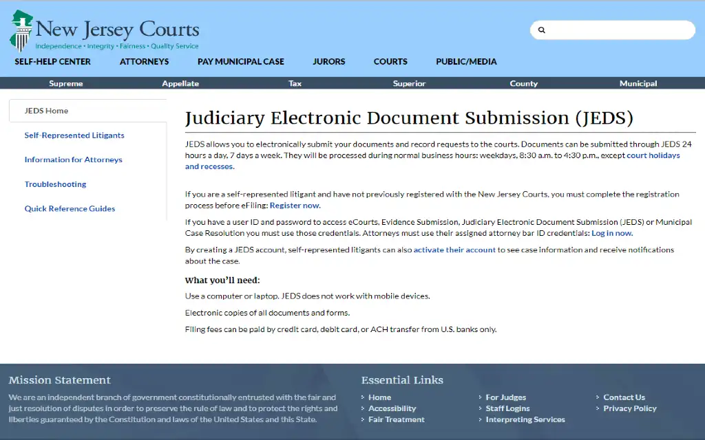 New Jersey Judiciary Electronic Document Submission (JEDS) website outlining requirements for requesting available court documents within the NJ state database repository.