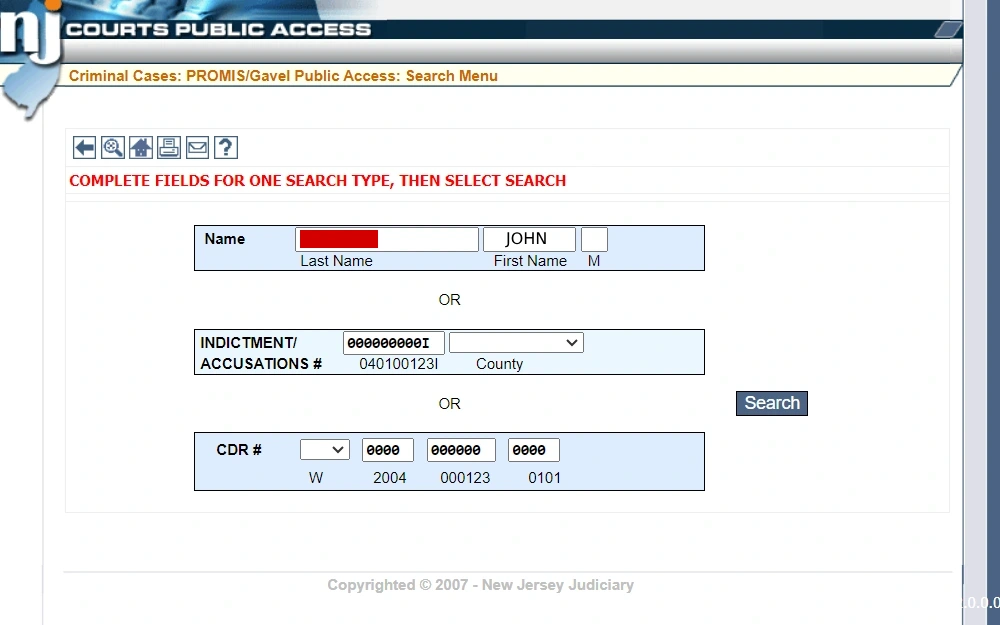 A screenshot of the court's public access tool website as another way to check criminal records by searching New Jersey criminal cases.