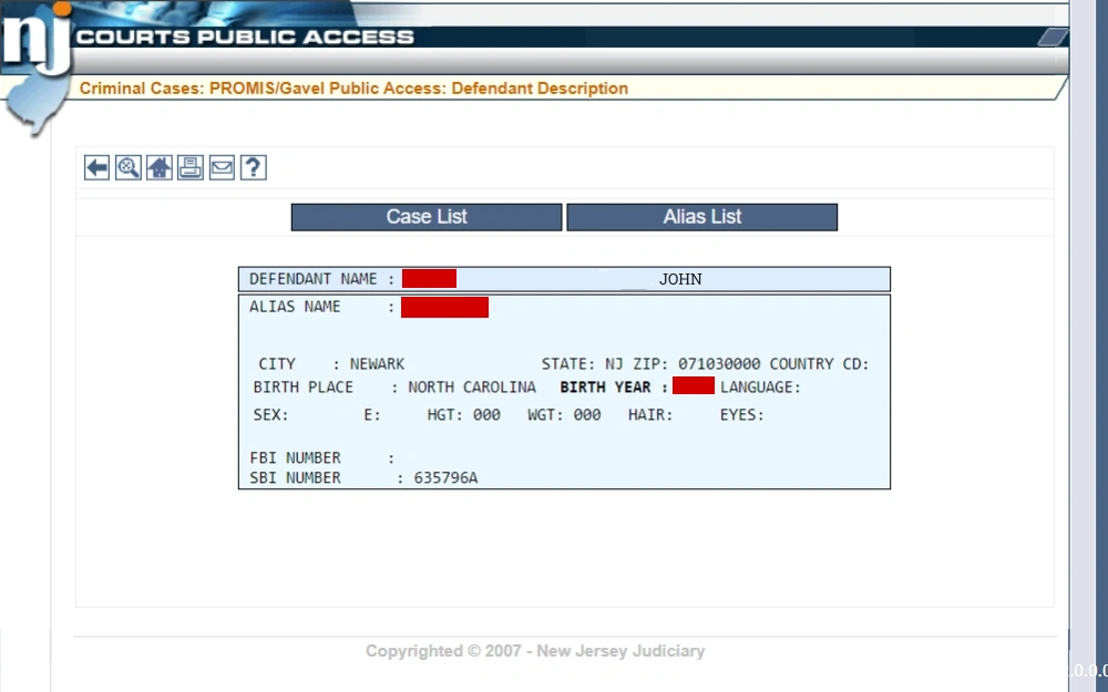 A screenshot of a defendant description from the New Jersey public access system where the user will be taken to the individual’s information and their “case list” or “alias list” for additional information.