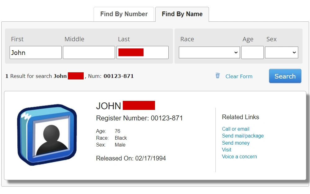 A screenshot of a federal inmate's information includes the inmate's name, register number, age, race, sex, and release date.