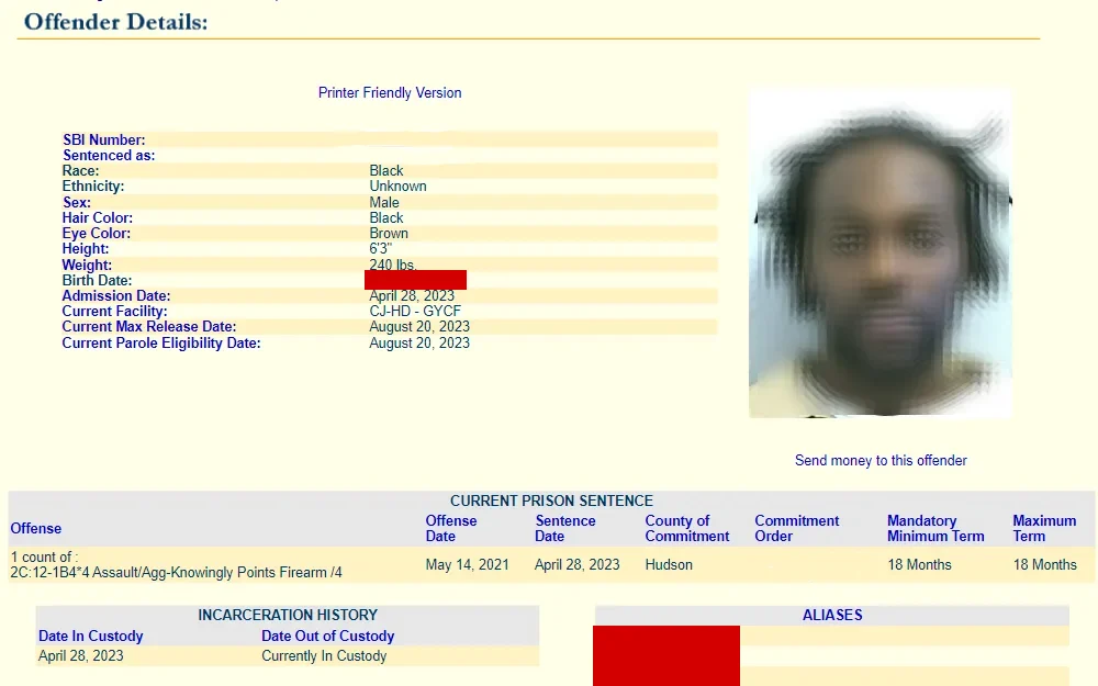 A screenshot of the inmate details from the NJDOC inmate search engine tool, which includes the crimes the individual was convicted of, length of sentence, and when they were or are scheduled to be released.
