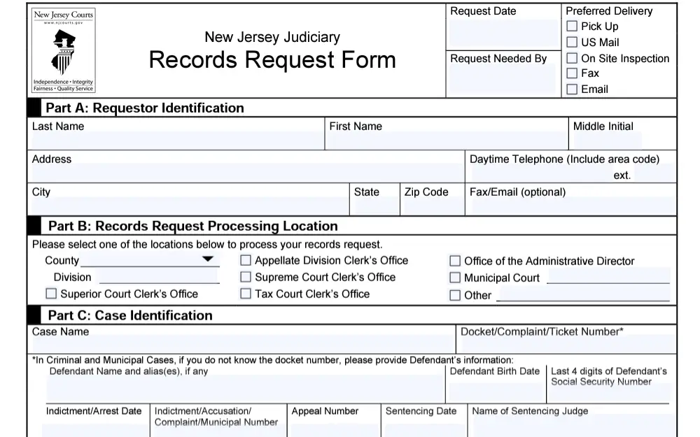 A screenshot of the records request form provided by New Jersey Courts that the user can use to conduct their personal background check.