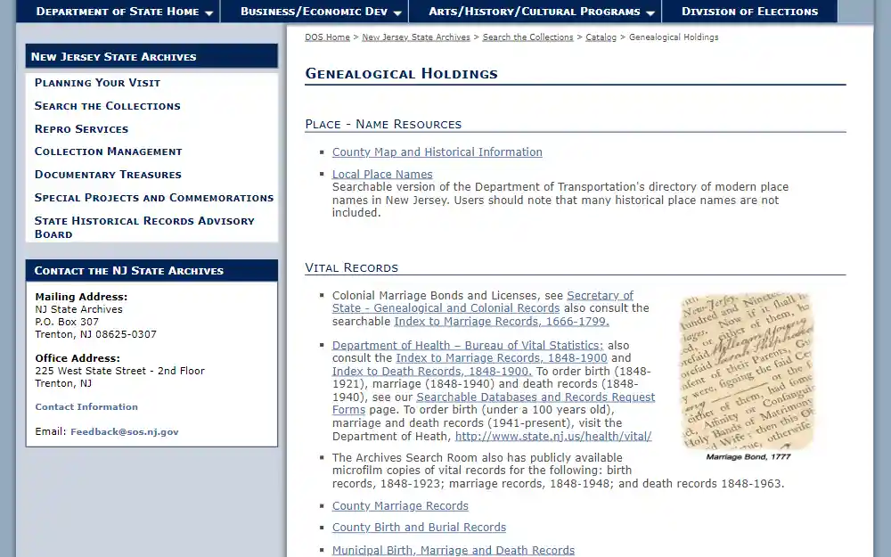 A screenshot of the genealogical holdings that contain archived divorce records from 1743 to 1947.