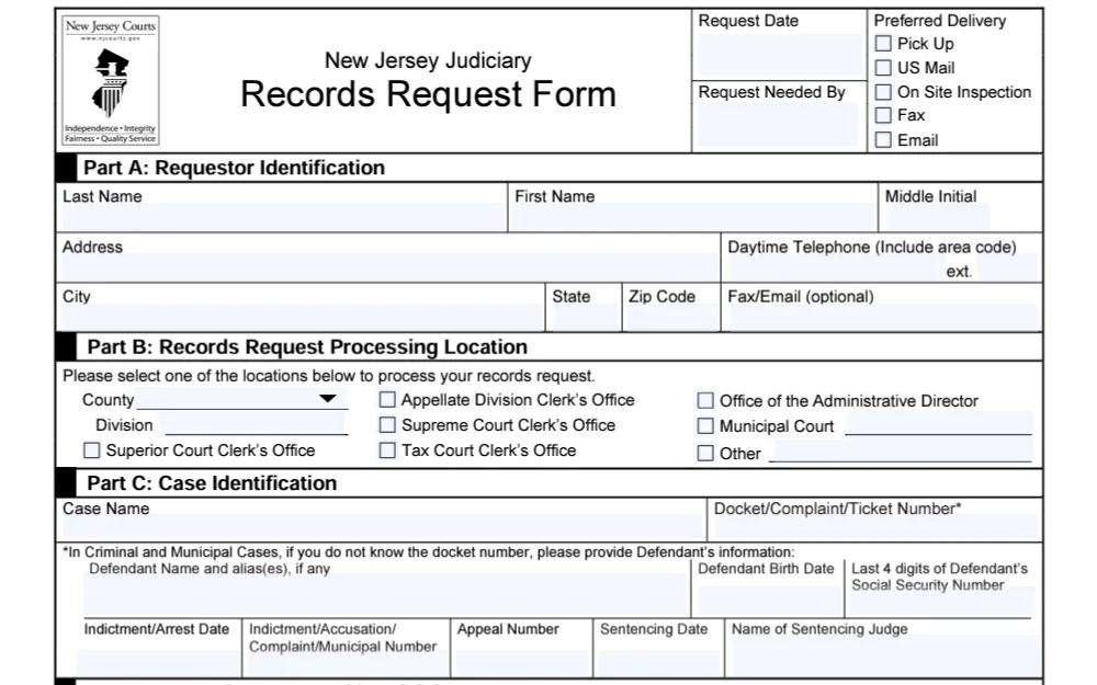 A screenshot of the form used to request records from the New Jersey Judiciary.