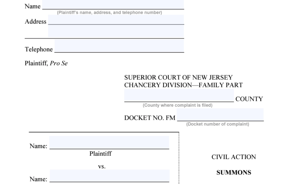 A screenshot of the form that needs to be filled out as one of the requirements to file a divorce in New Jersey.