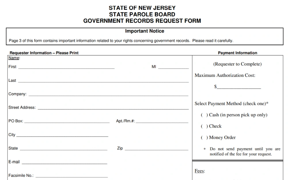 A screenshot of the State of New Jersey State Parole Board Government Records Request Form that requires some information such as name, company, address, PO box, city, state, ZIP, email and facsimile number.