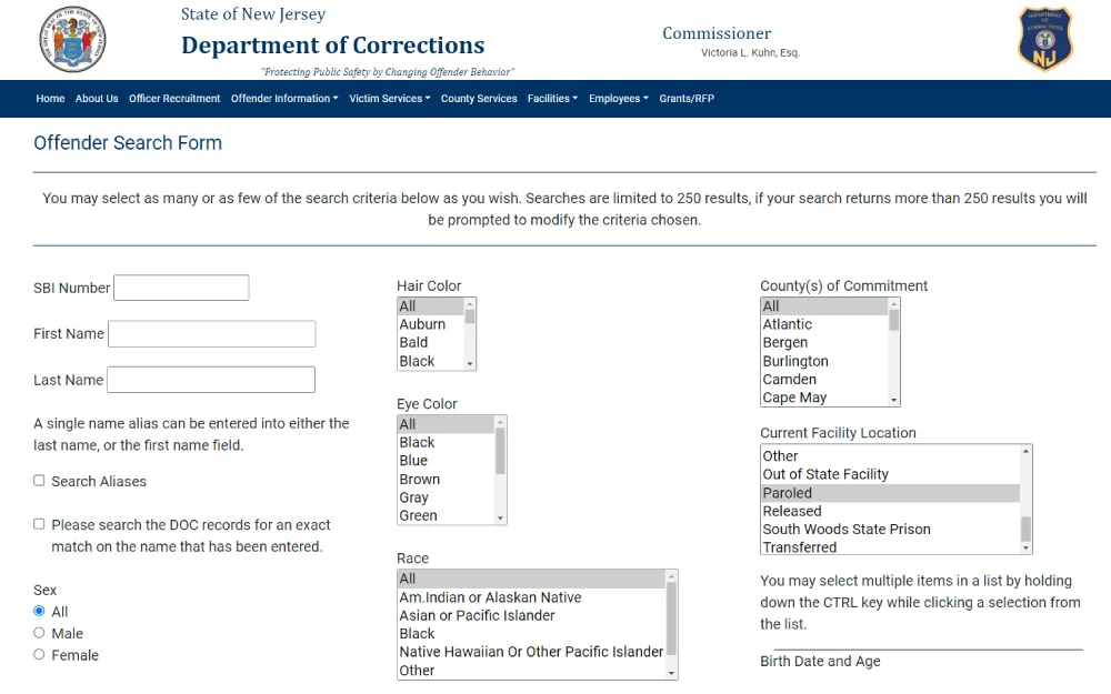 A screenshot displaying an offender search form from the State of New Jersey Department of Correction that can be search by SBI number, first or last name, sex. hair color, eye color, race, county of commitment and current facility location.