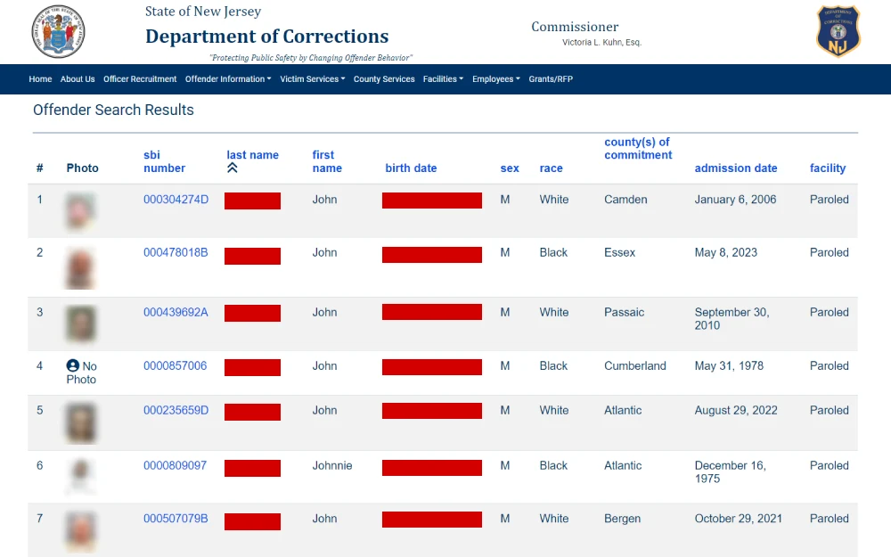 A screenshot from the State of New Jersey Department of Correction offender search results with information showing a mugshot photo, full name, sex, county of commitment, SBI number, birthdate, race, facility and admission date.
