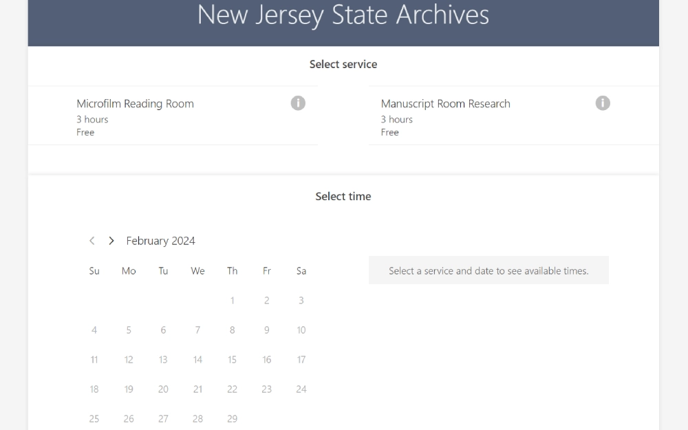 A screenshot for scheduling an appointment at a state archives, offering options to book a session in the microfilm reading room or manuscript room research area, along with a calendar to select a date.