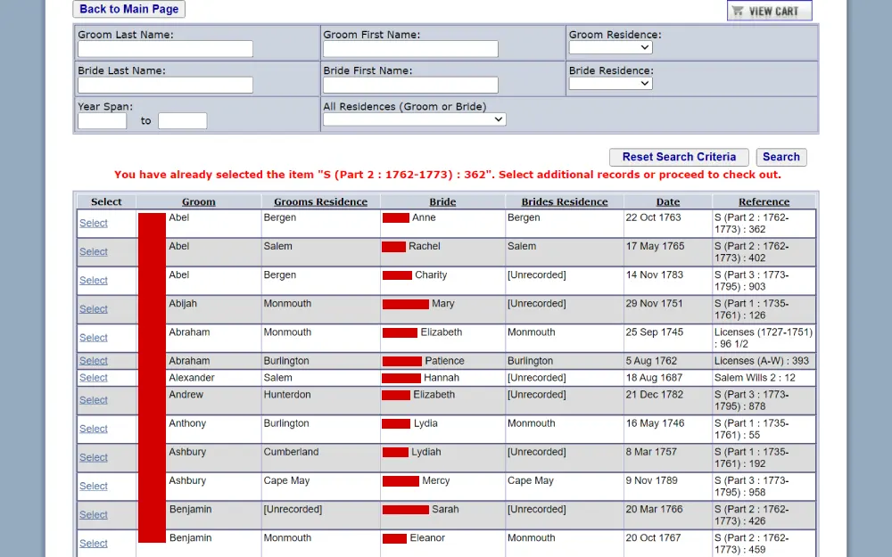 A screenshot of database where one can look up historical couple names, residences, and wedding dates, with an option to select records for checkout.