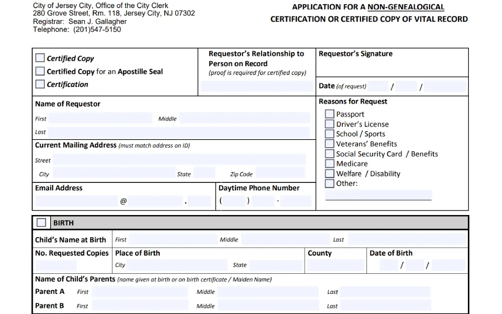 A screenshot of city clerk's office for requesting a certified or non-genealogical copy of a vital document, including sections for the requester's details, relationship to the person on record, and reasons for the document request.