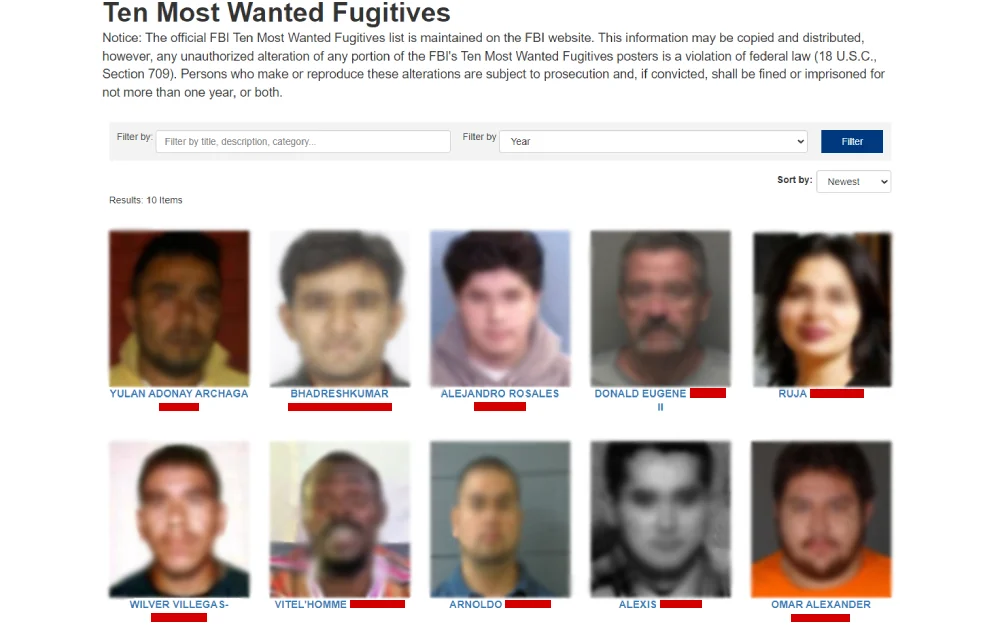 A screenshot from the Federal Bureau of Investigation features mugshots and names of the most wanted fugitives identified by a federal law enforcement agency, with a warning not to alter or reproduce the content under federal law penalties.