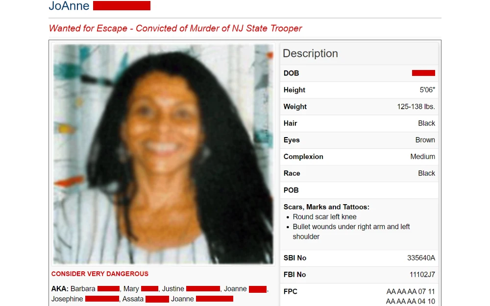 A screenshot from the New Jersey State Police detailing a mugshot, multiple aliases listed, a caution note emphasizing high danger, and a detailed description including date of birth, physical characteristics, and identifiable marks.