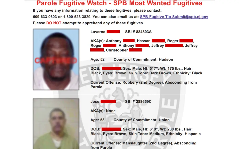A screenshot from the New Jersey State Parole Board featuring a mugshot, names, aliases, physical descriptions, offenses, and contact information for reporting.