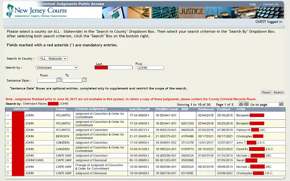 A screenshot displaying a search tool with criteria such as the county, last and first name, sentence date duration, and search results with additional details such as criminal judgments, indict, PROMIS case number, SBI number, and judge name.