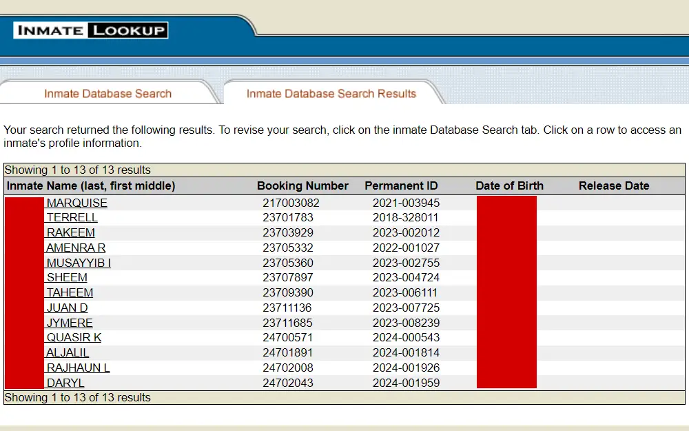 Screenshot taken from Essex County Department of Corrections' inmate lookup tool, displaying the search results laid out in a table with the following columns arranged from left to right: inmate name, booking number, permanent ID, date of birth, and release date.