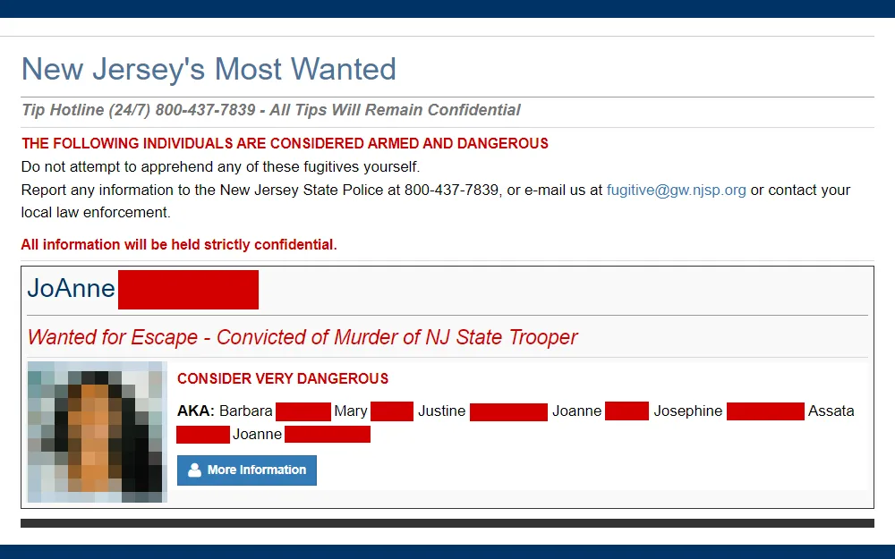 A screenshot from New Jersey State Police displays one of the most wanted escapees in the state, including the name, offense, risk level, aliases, and an option to view more details.