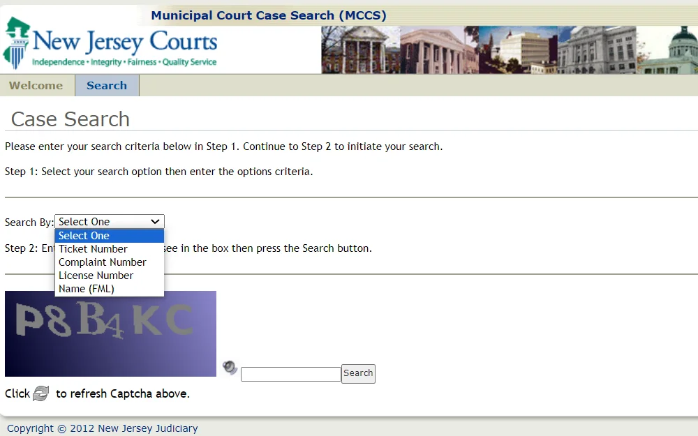 A screenshot of the case search tool from the New Jersey Judiciary displays the steps needed to conduct the search and an open drop-down of the type of search, including the following: ticket number, complaint number, license number, and name.