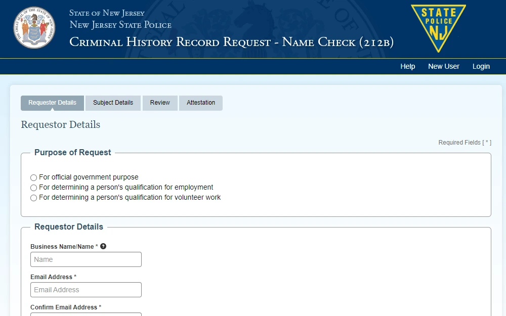 A screenshot of the criminal history record request form from New Jersey State Police displays the first two sections, including the purpose of the request and requestor details.