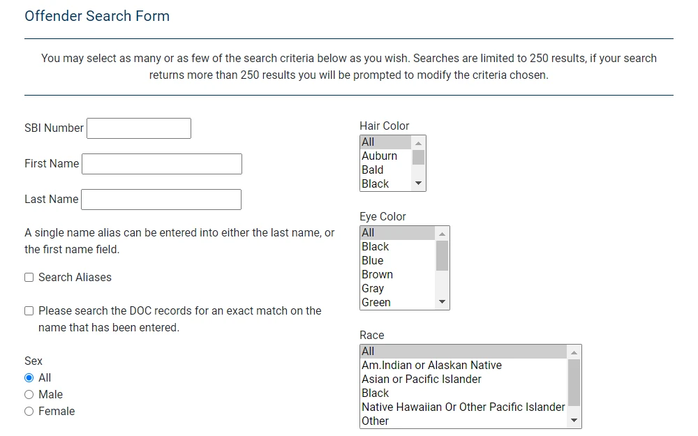 Screenshot of the offender search tool from New Jersey Department of Corrections, only displaying a part of the form including input fields for SBI number, first name, and last name; tick boxes for searching with alias or exact name; and options for sex, hair color, eye color, and race.