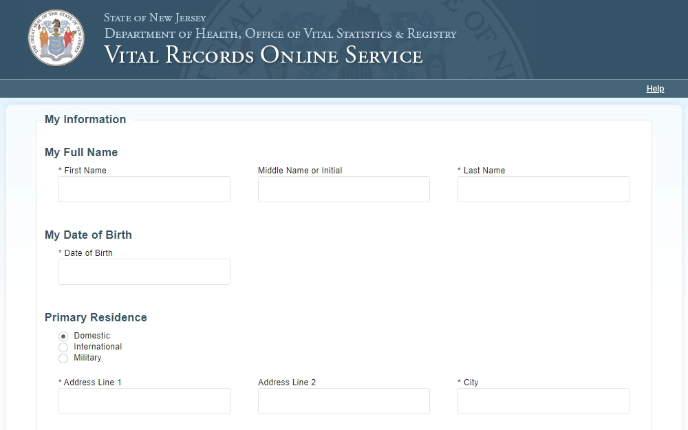 A screenshot of the online form for ordering marriage certificates at the New Jersey Department of Health, Office of Vital Statistics and Registry shows the first section that includes input fields for full name, date of birth, and primary residence.