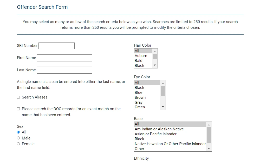 A screenshot of the New Jersey Department of Corrections' offender search form displays input fields for SBI number, first name, and last name, as well as options for personally identifiable characteristics including hair color, eye color, sex, and race.