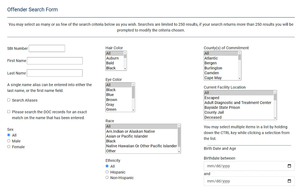 A screenshot showing an offender search form from the New Jersey Department of Corrections website with fields: SBI number, first name, last name, hair color, eye color, race, counties of commitment, and current facility location dropdown box selections.