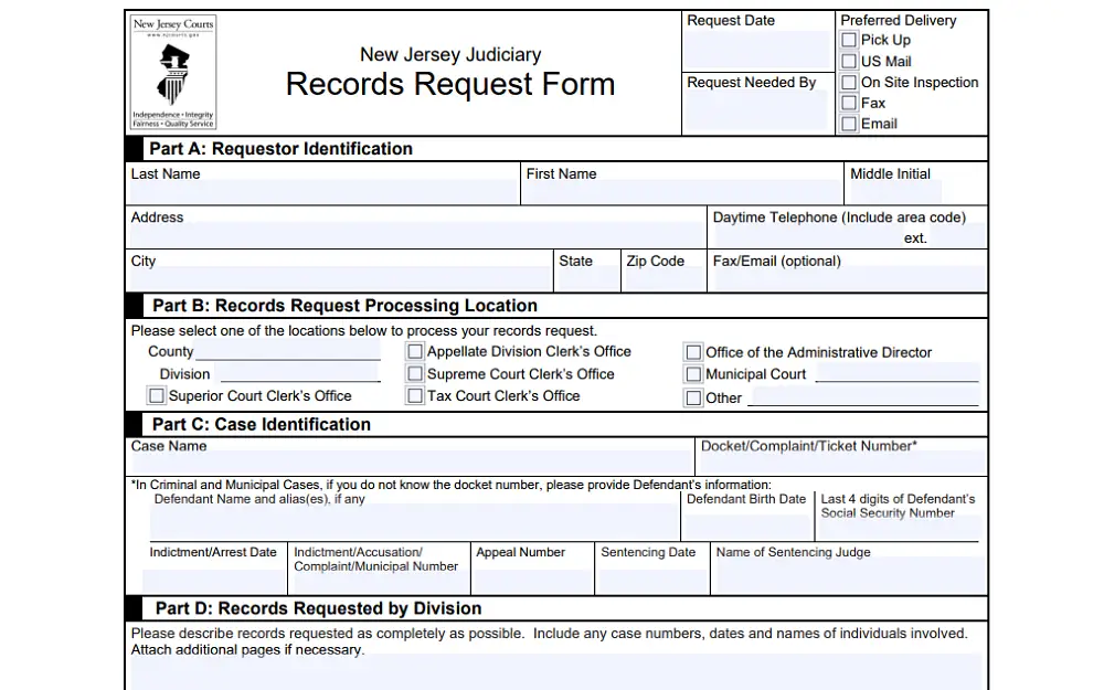 A screenshot from the New Jersey Judiciary website with information such as request date and name, requestor identification: last name, first name, middle initial, address, daytime telephone, city, state, zip code, fax, email address and more.